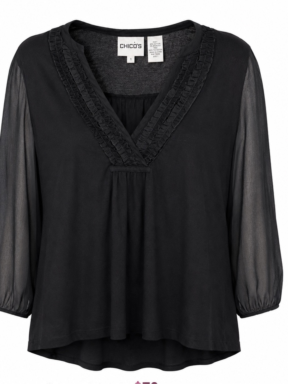 340. Chico's Black V-Neck Ruffle Trim Blouse